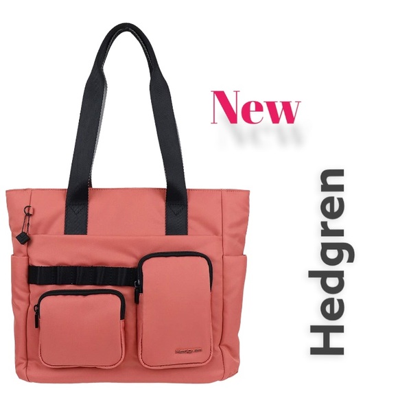 Hedgren Billow Tote Handbag Dual Handle Salmon Pink Purse Sustainable Nylon -HP - Picture 2 of 7